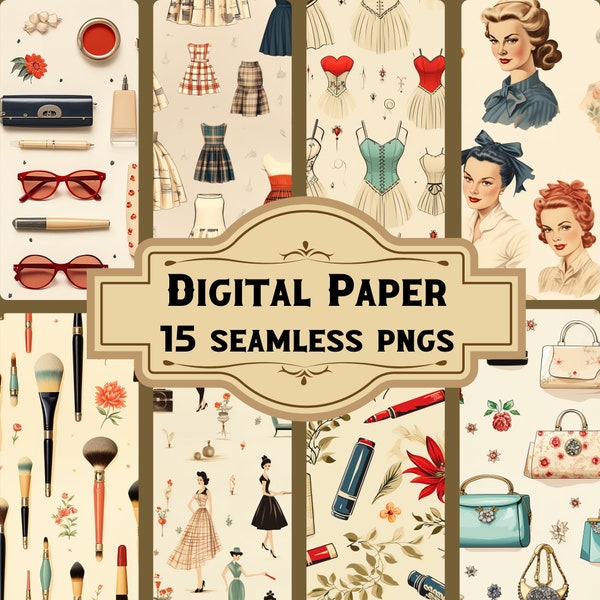 50s Retro Fashion Digital Paper/Seamless Patterns (15 PNG), Junk Journal Accessories, Vintage Scrapbooking, Printable Pages Download