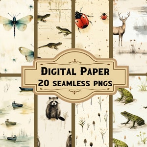 Papier numérique libellule + faune des marais/motifs transparents (20 PNG), journal indésirable fantastique, papier de scrapbooking, pages imprimables à télécharger