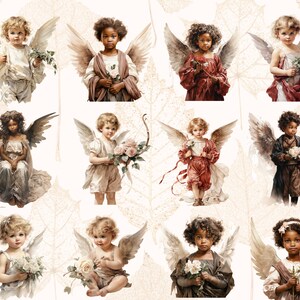 May include: A collection of watercolor illustrations featuring cherubic figures with feathered wings. Each angel holds flowers or a bow and arrow, dressed in soft, pastel-colored clothing. The background has a subtle, textured pattern of leaves.