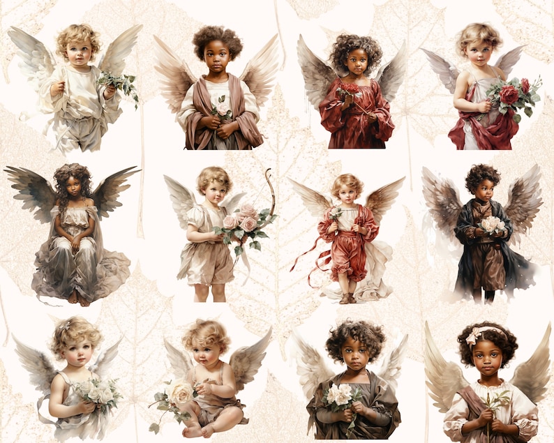 May include: A collection of watercolor illustrations featuring cherubic figures with feathered wings. Each angel holds flowers or a bow and arrow, dressed in soft, pastel-colored clothing. The background has a subtle, textured pattern of leaves.