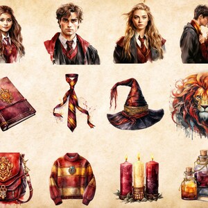 May include: A collection of watercolor illustrations inspired by the Harry Potter universe. The illustrations include a book, a tie, a witch's hat, a lion, a bag, a sweater, candles, and potion bottles.