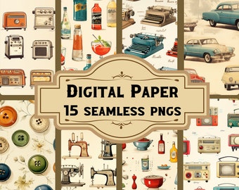 50s Retro Tech Digital Paper/Seamless Patterns (15 PNG), Junk Journal Kit Accessories, Vintage Scrapbooking, Printable Pages Download