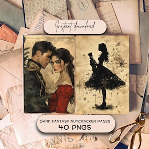 Páginas de diário de quebra-nozes de fantasia escura (mais de 40 PNG), papel para scrapbooking de férias, download de páginas para impressão de Natal, kit de diário