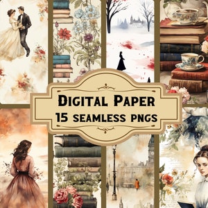 Papel digital victoriano Bookish Romance/Patrones sin costuras (15 PNG), Diario basura de acuarela, Scrapbooking vintage, Descarga de páginas imprimibles