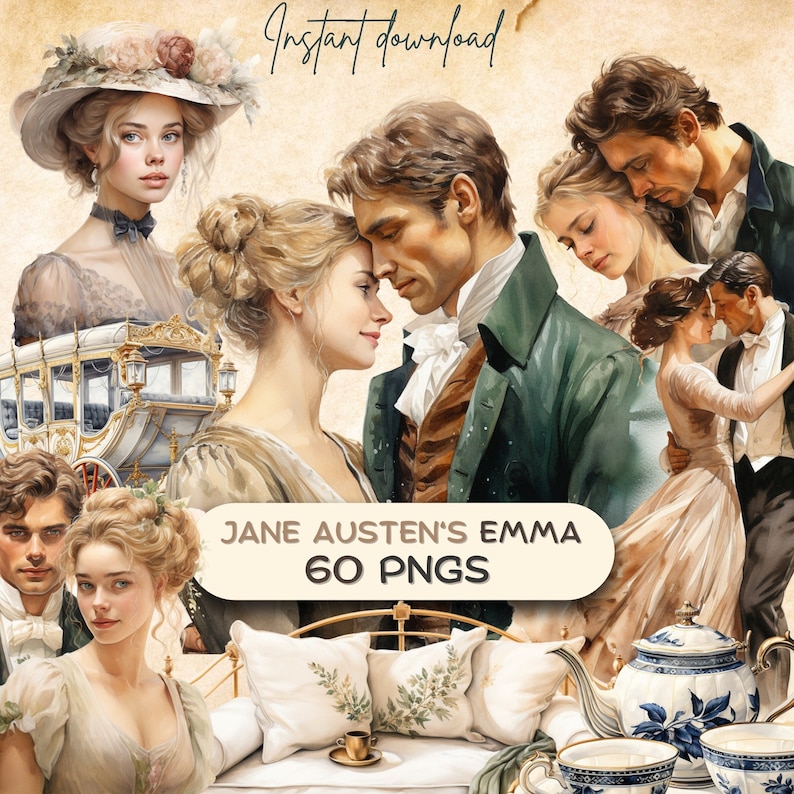 Jane Austens "Emma" viktorianska Clipart (60 PNG), litterär romantisk skräpjournal, boklig POD-grafik, engelsk roman från 1800-talet, bokmalspresent bild 1