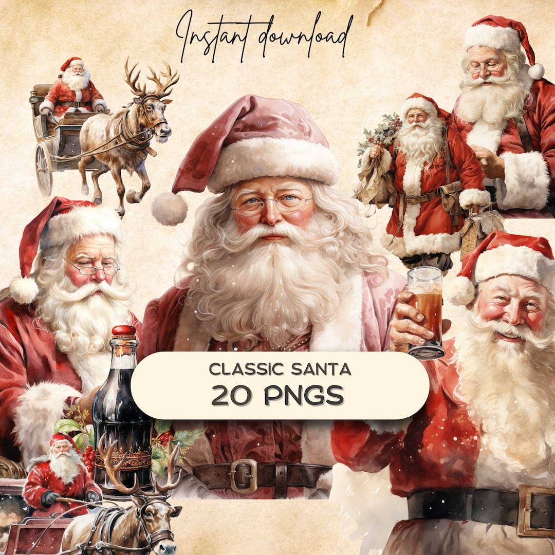 Vintage Santa Claus Clipart Bundle (20 PNG), Christmas Card Clipart ...