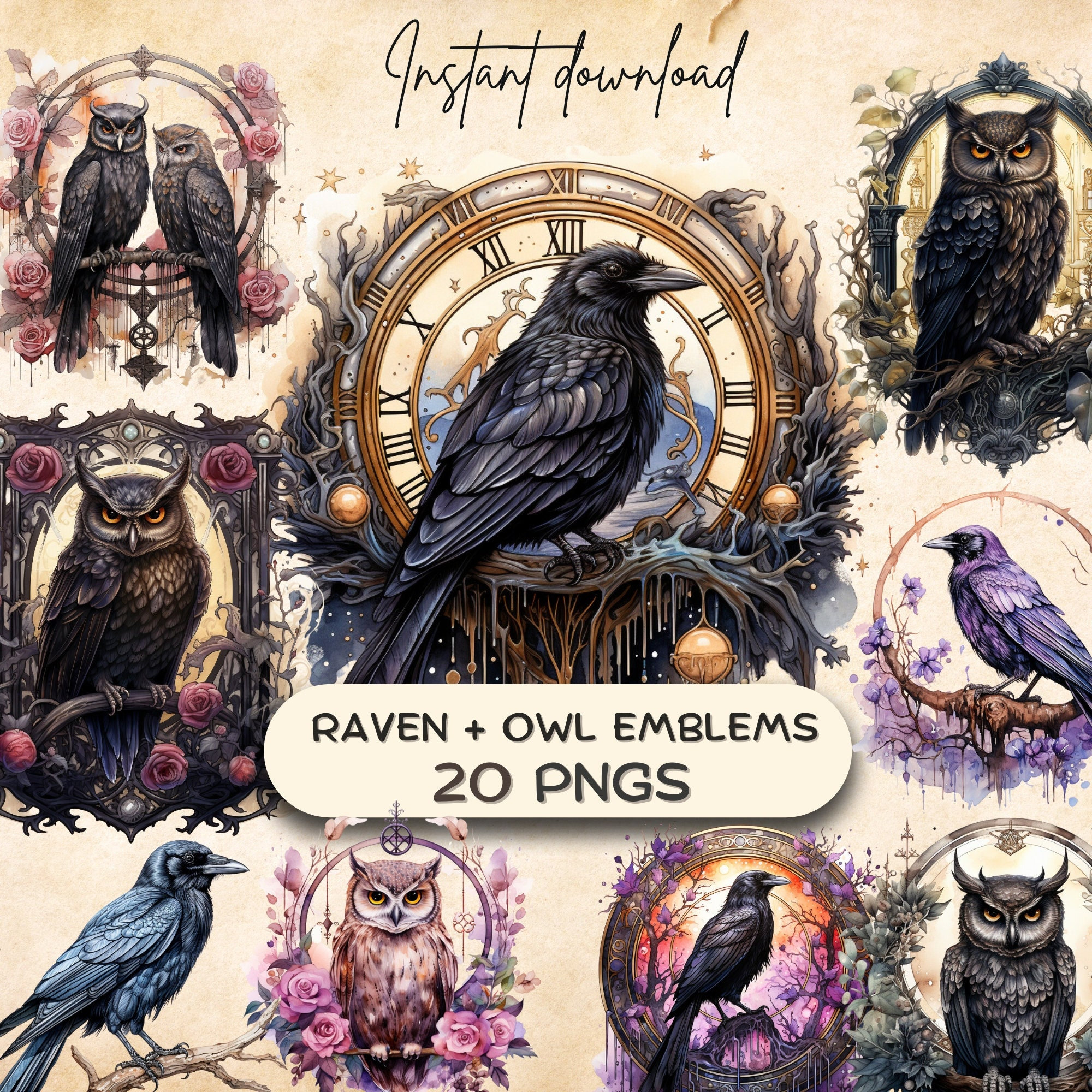Raven + Owl Emblems Clipart (20 PNGs), Watercolor Magic Creature Art, Mythical Fairytale Graphic, Fa