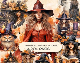 Whimsical Autumn Witch Clipart Bundle (20+ PNG), Junk Journal Cutouts, Witchy Scrapbooking, Fall Printable Stickers, Commercial Use