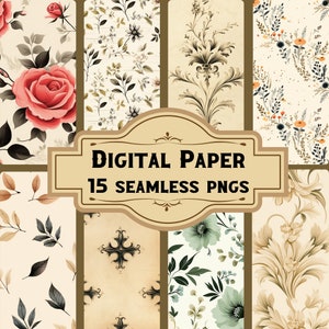 Papier peint victorien papier numérique/motifs transparents (15 PNG), journal indésirable aquarelle, scrapbooking vintage, pages imprimables à télécharger