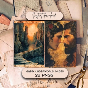 Inframundo griego: páginas de diario basura de Hades y Perséfone (32 PNG), papel de scrapbooking, descarga de páginas imprimibles en griego antiguo, kit de diario