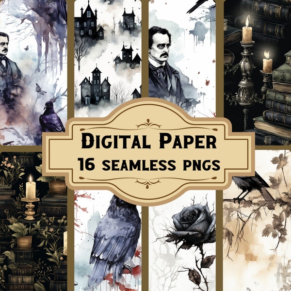 Edgar Allan Poe Digital Paper/Seamless Patterns (16 PNG), Gothic Victorian Junk Journal, Vintage Scrapbooking, Printable Pages Download