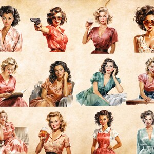 May include: A collage of twelve vintage-style illustrations featuring women in various poses and outfits. The women are depicted in a variety of settings, including a living room, a kitchen, and an office. The illustrations are done in a realistic style and feature vibrant colors.