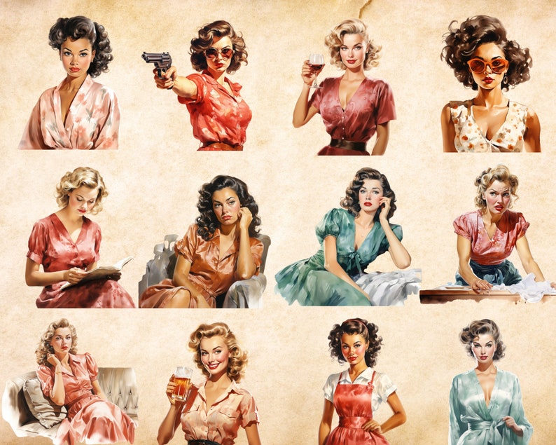 May include: A collage of twelve vintage-style illustrations featuring women in various poses and outfits. The women are depicted in a variety of settings, including a living room, a kitchen, and an office. The illustrations are done in a realistic style and feature vibrant colors.