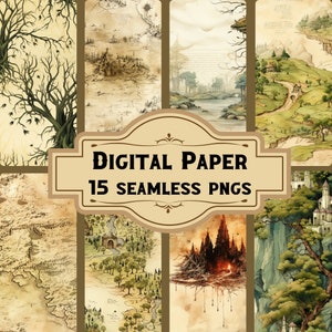 Fantasy Landschaft + Karten Digitales Papier/Nahtlose Muster (15 PNG), Ringe Junk Journal, Vintage Scrapbooking, Druckbare Seiten Download