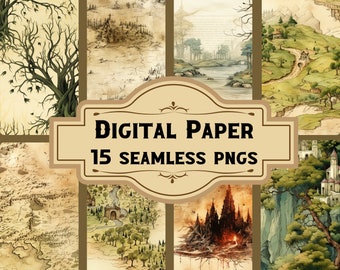 Fantasy Landscape + Maps Digital Paper/Seamless Patterns (15 PNG), Rings Junk Journal, Vintage Scrapbooking, Printable Pages Download