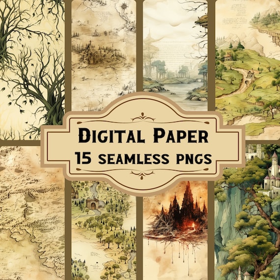 Fantasy Landscape + Maps Digital Paper/Seamless Patterns (15 PNG), Rings Junk Journal, Vintage Scrapbooking, Printable Pages Download