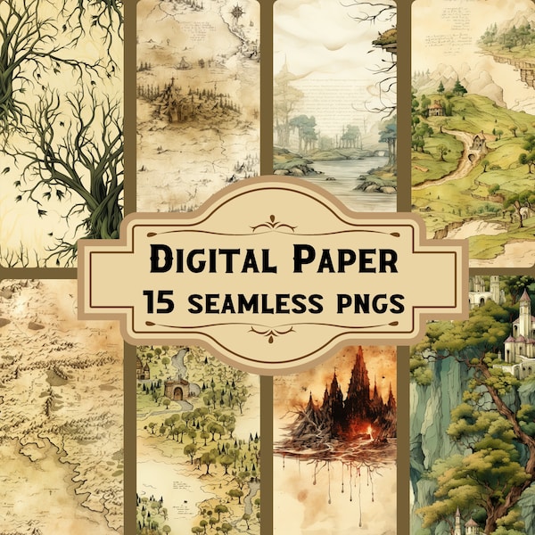 Fantasy Landscape + Maps Digital Paper/Seamless Patterns (15 PNG), Rings Junk Journal, Vintage Scrapbooking, Printable Pages Download