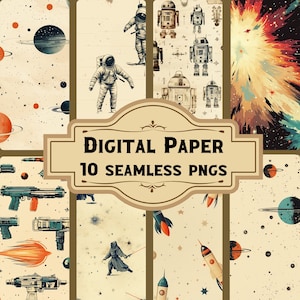 May include: A set of 10 digital papers featuring space-themed illustrations. The papers include astronauts, robots, planets, stars, and rockets in a vintage style. The papers are seamless and can be used for scrapbooking, card making, and other craft projects.