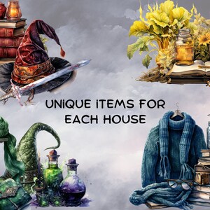 May include: Four unique items representing each of the four Hogwarts houses. A red and black pointed hat, a green pointed hat, a green scarf, and a blue sweater with a blue scarf.