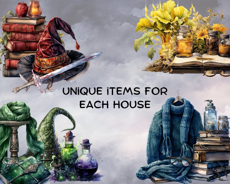 May include: Four unique items representing each of the four Hogwarts houses. A red and black pointed hat, a green pointed hat, a green scarf, and a blue sweater with a blue scarf.
