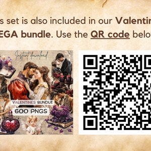 May include: A digital art collage with a romantic theme, featuring couples, candles, and floral elements. The text "Instant download" and "VALENTINES BUNDLE 600 PNGS" are visible. A QR code is also included.