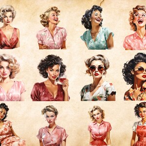 May include: A collage of twelve vintage-style illustrations of women with various hairstyles and clothing. The women are wearing dresses, shirts, and sunglasses. Some of the women are holding drinks.