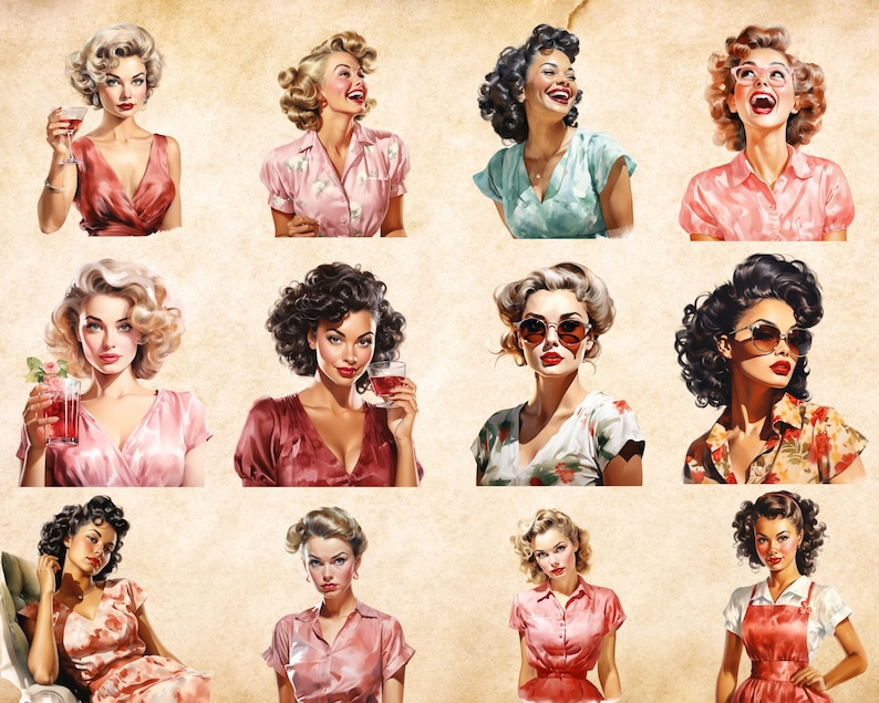 May include: A collage of twelve vintage-style illustrations of women with various hairstyles and clothing. The women are wearing dresses, shirts, and sunglasses. Some of the women are holding drinks.