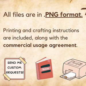 May include: A digital illustration of a printer, a book labeled "Journal", and a note that says "Send me custom requests!"  All files are in .PNG format. Printing and crafting instructions are included, along with the commercial usage agreement.