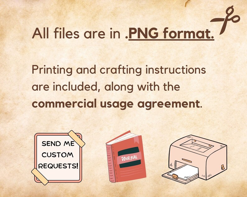 May include: A digital illustration of a printer, a book labeled "Journal", and a note that says "Send me custom requests!"  All files are in .PNG format. Printing and crafting instructions are included, along with the commercial usage agreement.