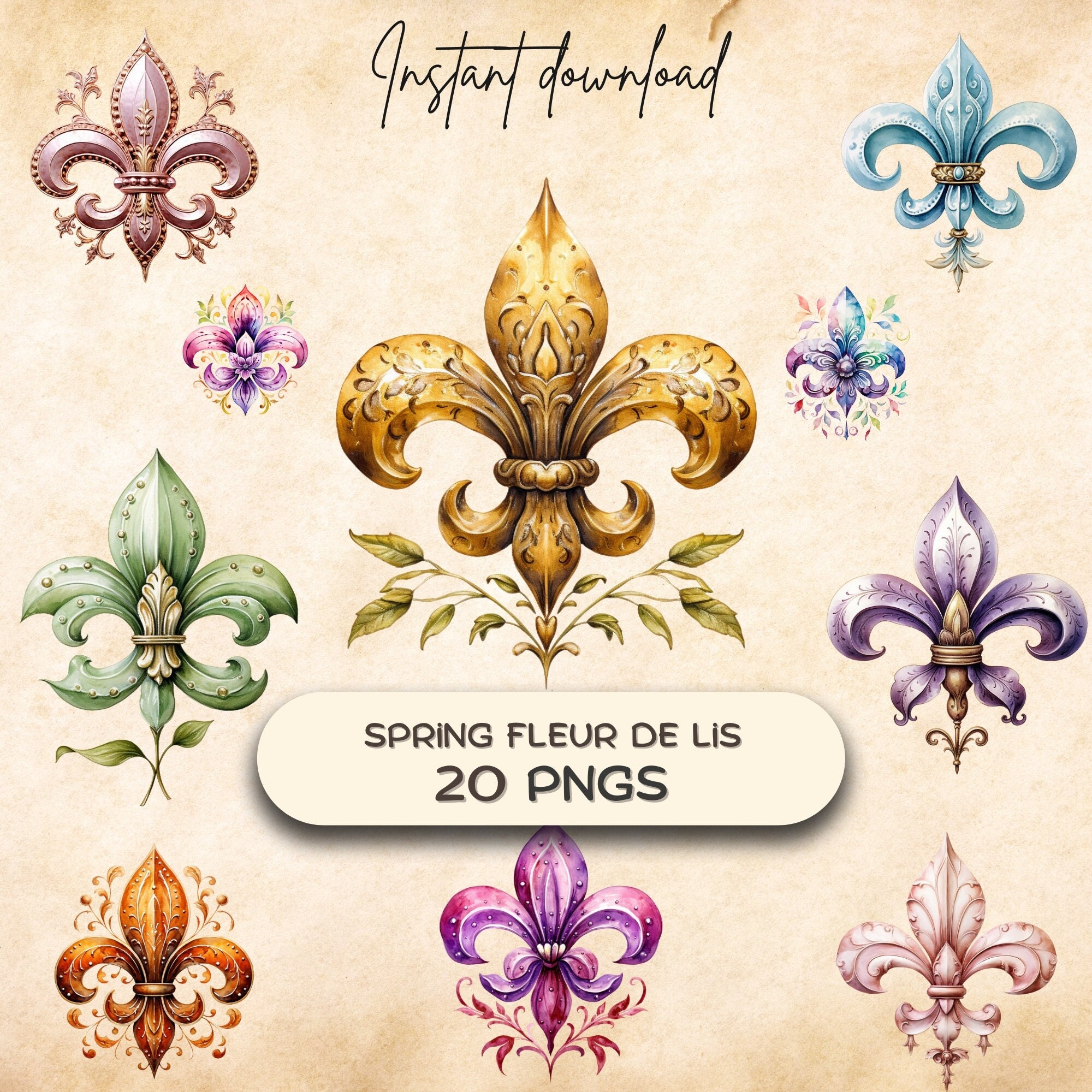 Spring Fleur de Lis Clipart Bundle (20 PNGs), floral NOLA symbol, New Orleans Souvenir Art, Printable Digital Sticker, Junk Journal Download