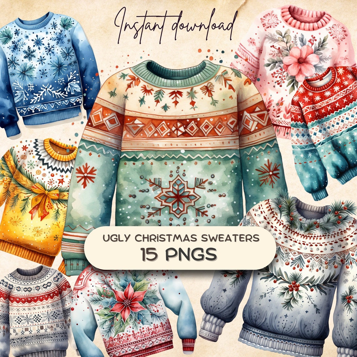 Ugly Christmas Sweater Clipart (15 PNG), Watercolor Holiday Jumper ...