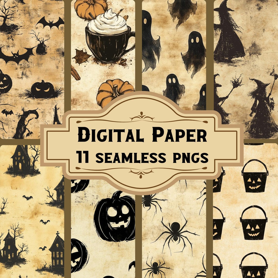 Vintage Halloween Digital Paper/seamless Patterns (11 PNG), Spooky Junk ...