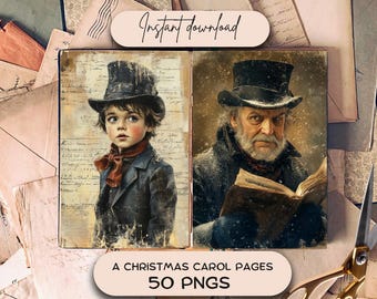 A Christmas Carol Junk Journal Pages (50 PNG), Holiday Scrapbooking Paper, Christmas Printable Pages Download, Journaling Kit