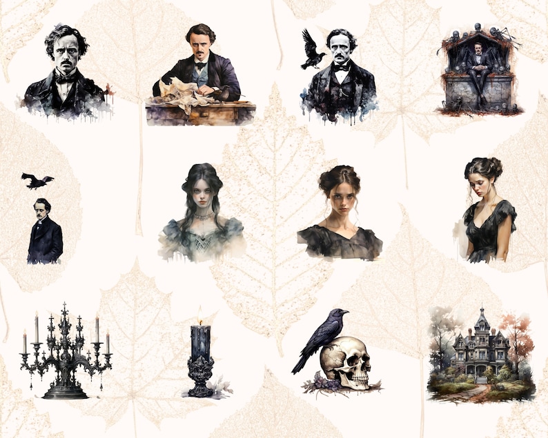 K&ouml;nnte beinhalten: Eine digitale Collage mit verschiedenen Bildern, die sich auf Edgar Allan Poe beziehen. Die Collage enth&auml;lt Portr&auml;ts von Poe, einen Raben, einen Sch&auml;del, einen Kerzenleuchter, ein Spukhaus und eine Frau in einem schwarzen Kleid.