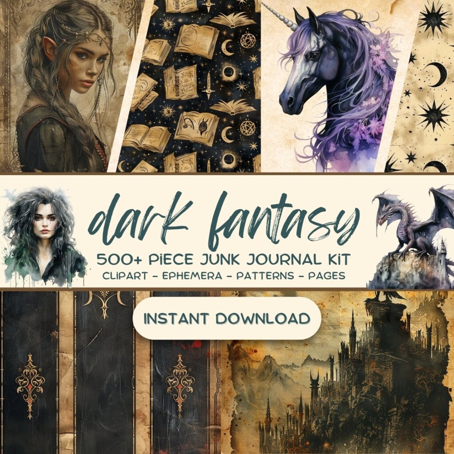 Dark Fantasy Junk Journal Kit (500+ PNG), Magic Scrapbooking Paper ...