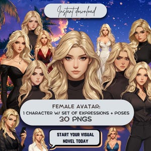 Visual Novel Female Avatar Set (30 PNG), Single High-res Character with 30 Poses and Expressions - Instant Download