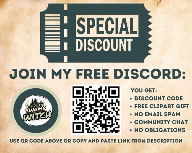 May include: A promotional graphic with a teal ticket-shaped design that reads "SPECIAL DISCOUNT." Below, it says "JOIN MY FREE DISCORD:" with a QR code and a "Swamp Witch" logo. The text lists benefits like a discount code and free clipart.