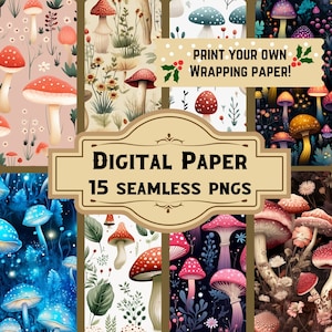 Magic Mushroom Digitaal Papier/Naadloze Patronen (15 PNG), Aquarel Junk Journal, Vintage Scrapbooking, Afdrukbare pagina's downloaden, POD