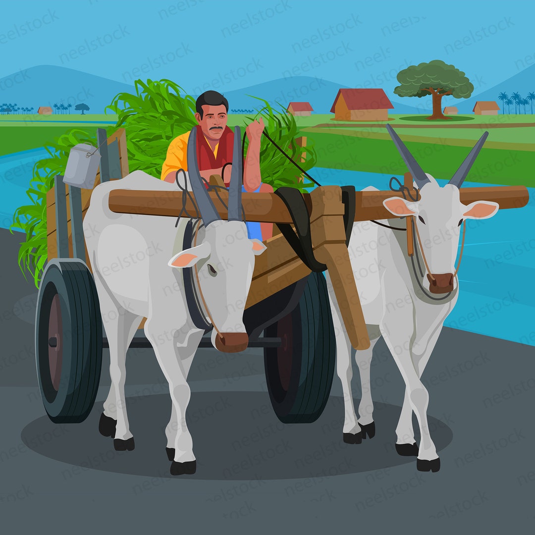 Farmer Riding a Bullock Cart Illustration, 1 Eps, 2 High-quality Image ...