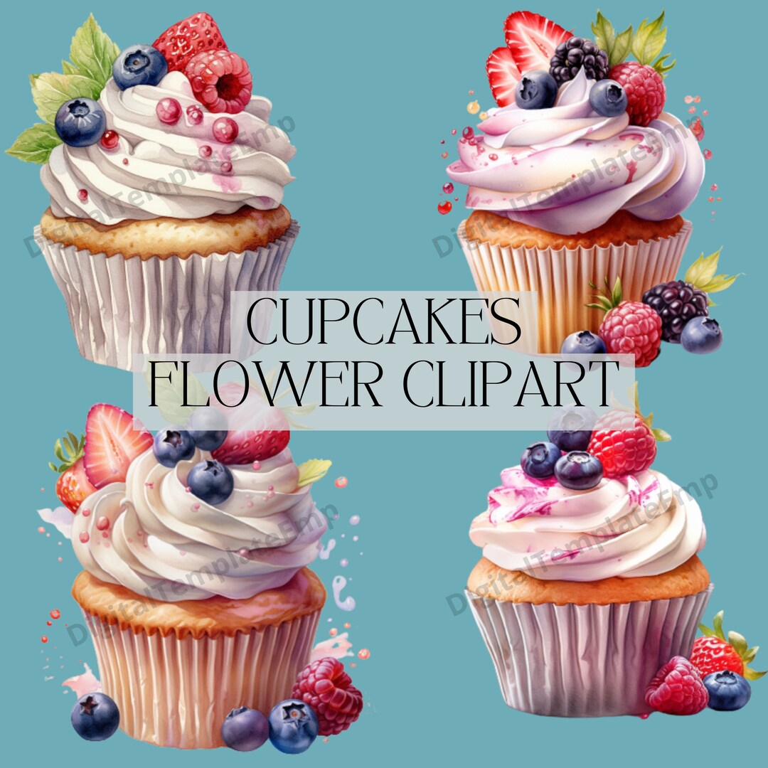 4 Watercolor Cupcake Clipart PNG JPG Dessert Digital Download Holiday ...