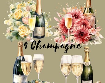 Champagne With Flowers Clipart Transparent Pngs, Sublimation Bundle, Digital Paper , Watercolor Party Clipart, Digital Downloads
