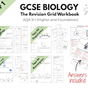 May include: A white workbook titled "GCSE BIOLOGY The Revision Grid Workbook" with the text "AQA 9-1 (Higher and Foundation)". The workbook includes topics such as Cell Biology, Organisation, Infection and Response, and Bioenergetics. The words "Answers included" are also visible.