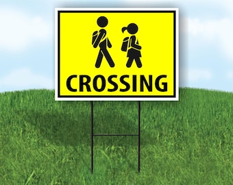 School kids children pedestrian crossing xing yellow yard sign road sign with stand