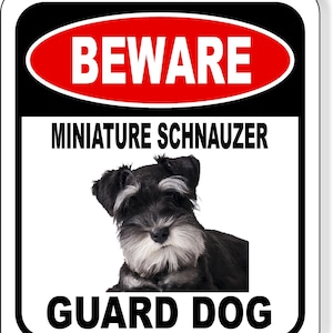 Señal compuesta de aluminio con texto en inglés "Beware Miniature Schnauzer Guard Dog"