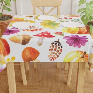 Round Tablecloth for Autumn, Colorful Square Tablecloth, Autumn Table Cover, Fall Tablecloth with Mushrooms, Water Colors Pumpkin and Nuts