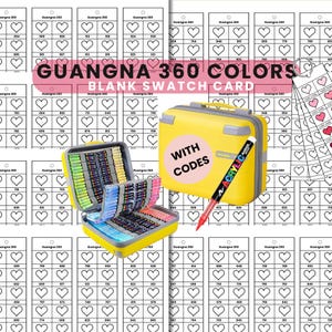 Op de afbeelding: Een gele koffer met 360 kleurmarkers en blanco kleurstalenkaarten. De koffer is open en toont de markers netjes gerangschikt. Een rode marker ligt naast de koffer. De tekst "GUANGNA 360 COLORS BLANK SWATCH CARD" is zichtbaar.