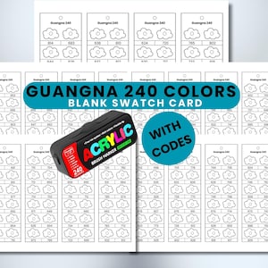 May include: A blank swatch card set for Guangna 240 colors, with a black acrylic brush marker case. The card features color swatches with corresponding codes, and the text "GUANGNA 240 COLORS BLANK SWATCH CARD WITH CODES".