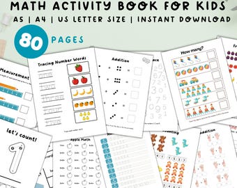 Libro de actividades de matemáticas para niños / 80 páginas de números, conteo, suma y resta / Hojas de trabajo imprimibles