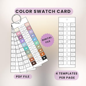 May include: Color swatch card with a variety of color swatches, each with a small circle and the word "code". The card is attached to a metal ring. The text "COLOR SWATCH CARD", "DIGITAL FILE", "PDF FILE", and "4 TEMPLATES PER PAGE" are also visible.