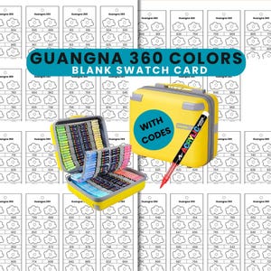 Pode incluir: Um conjunto de cartões de amostra em branco com uma mala amarela e um conjunto de marcadores coloridos. O texto "GUANGNA 360 COLORS BLANK SWATCH CARD" é exibido em uma faixa azul. Um marcador com o texto "ACRYLIC MARKER" também é visível.